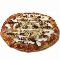Chicken Bacon Ranch Pizza · Pizza sauce, chicken and bacon drizzled with ranch.