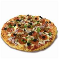 Deluxe Pizza · Pizza sauce, pepperoni, mushroom, onion, bell pepper, sausage and olive.