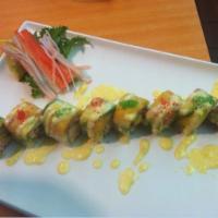 Avatar Roll · Spicy crab meat and mango inside top with spicy tuna, mango, avocado and wasabi tobiko with ...