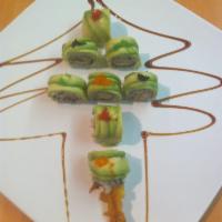 Christmas Roll · Shrimp tempura, eel cucumber, tobiko and avocado on top.