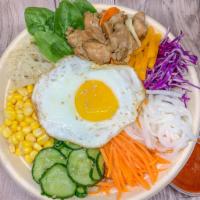Chicken BibimBap (Gluten Free) · sweet & savory chicken thigh with your choice of base, toppings, and sauce