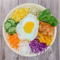 Kimchi BibimBap (Gluten Free / Vegan) · stir-fried kimchi and veggies with your choice of base, toppings, and sauce