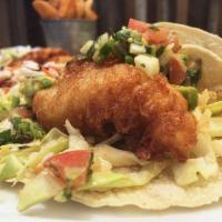 (3) Cod Tacos · Crispy cod, chipotle aioli cabbage and avocado salsa served with lime cilantro rice & black ...