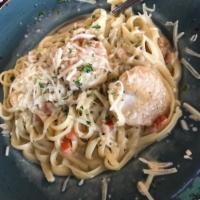 Creamy Scallop Pasta with Pancetta · Sea scallops with garlic, white wine, tomatoes and Parmesan cheese with pancetta in a light ...