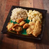 D. Seafood Platter · Fried shrimp, mahi mahi and fried scallops.