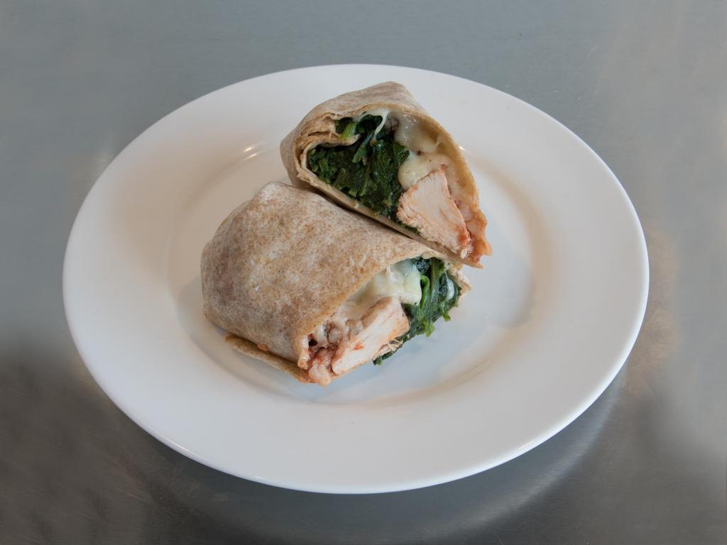 5. Chicken and Spinach Wrap · Whole wheat wrap with home-made low sodium tomato sauce, low fat Mozzarella, steamed spinach and grilled chicken. Recommended dressing: Tahini & hot sauce