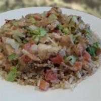  Chicken Coop · Grilled chicken, tomato, cucumber and onion, sauteed with tahini over brown rice. Recommende...