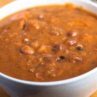 Chili Soup (Vegetarian) · Vegetarian based.  Made with black, red kidney & pinto beans. Recommended dressing: Hot sauce