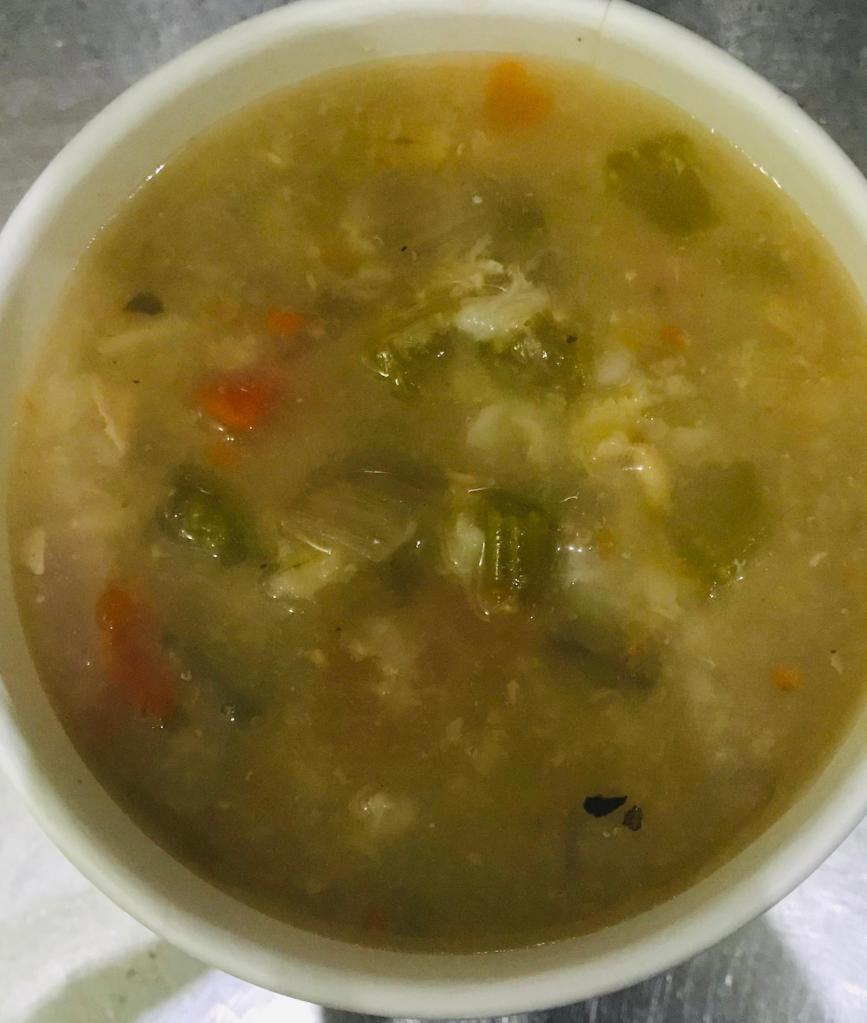 Chicken Vegetable Soup · Home-made Chicken Soup with grilled chicken breast, celery, carrots, onion, and brown rice. Recommended dressing: Hot sauce.
