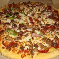 Meat Lovers Pizza · Pepperoni, sausage, bacon, ham and mozzarella cheese.