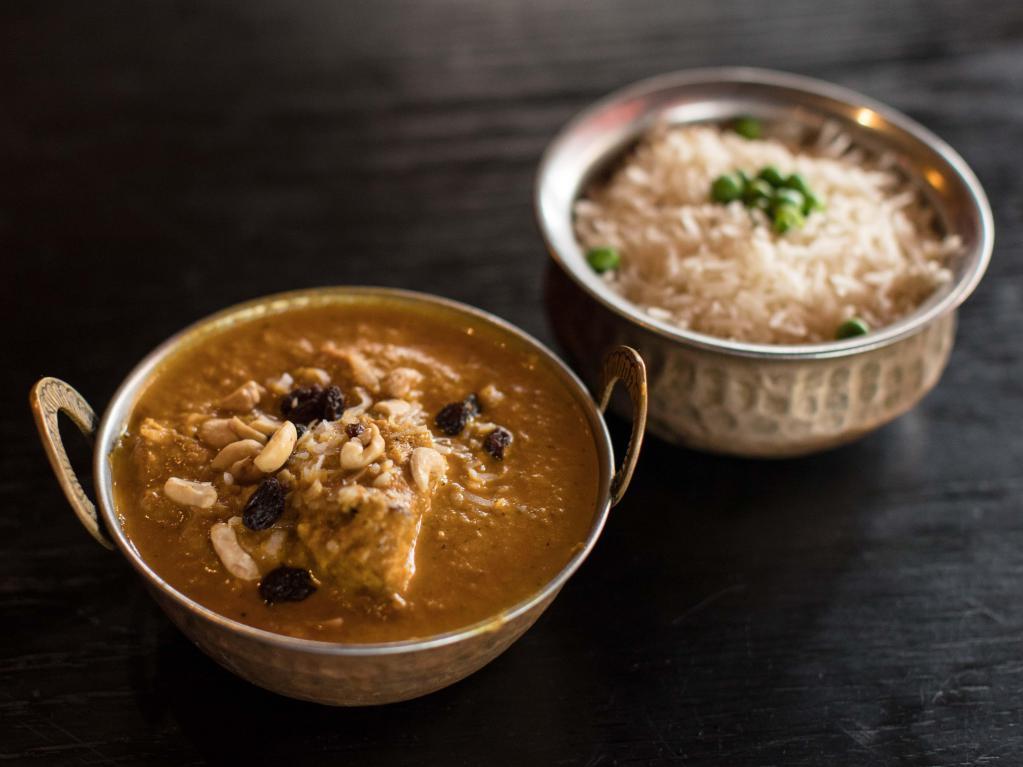 44. Chicken Korma · Chicken cooked with coconut and Himalayan herbs and spices. Served with basmati rice.