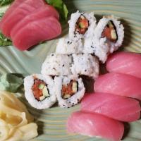 16 Piece Tuna (maguro) Love Combo · 4 pieces sashimi, 4 pieces sushi, 8 pieces hot & spicy tuna roll. Served with miso soup.