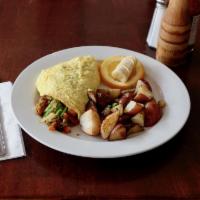 California Omelet · Organic eggs made with Jack cheese, avocado and fresh salsa. Served with roasted red potatoes.