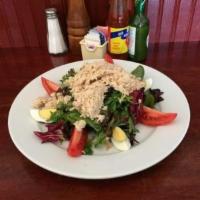 Albacore Tuna Salad · Organic baby lettuce, hard cooked egg and Roma tomato. Topped with Albacore tuna salad.