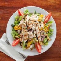 Grilled Chicken Salad with Grilled Vegetables · Chopped freshly grilled chicken breast, grilled zucchini, yellow squash, carrots and bell pe...