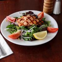 Grilled Salmon Salad · Organic baby lettuce, fresh green beans, cob-roasted corn and red onion with balsamic vinaig...