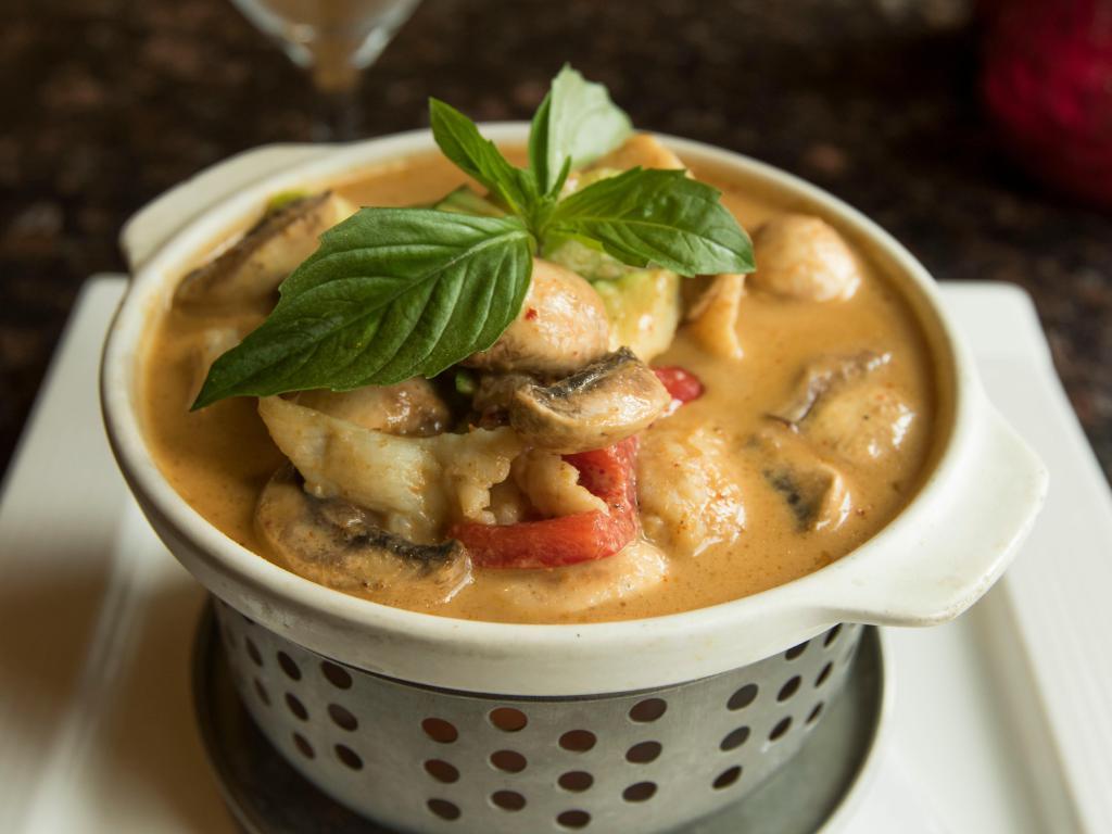 Panang Curry Dinner  · Rich Panang curry with coconut milk, crushed peanuts, mushrooms, bell pepper and zucchini. Mild spicy.