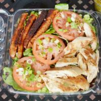 Crisp & Juicy Salad · Grilled chorizo slices, rotisserie chicken, tomato, spring onions and choice of dressing.
