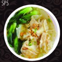 SP5. Wonton Soup · Chicken and shrimps wontons, bok choy and carrots in a chicken broth.

