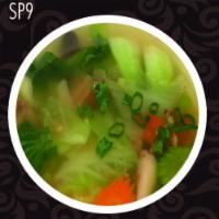 SP8. Vegetables Soup · Clear broth soup with carrots, celery, onions, cabbages, mushrooms, broccoli and bok choy.
