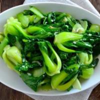 E10. Bok Choy Entree · Chinese baby bok choy stir-fried on a blazing wok with house sauce. Served with jasmine rice.
