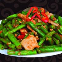 E11. Spicy Green Beans Entree · Green beans stir-fried on a blazing wok in roasted red hot Thai chili sauce. Served with jas...
