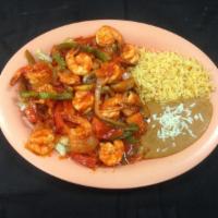 Camarones a la Diabla · Shrimp with bell pepper, onions, tomatoes and hot sauce with rice, beans, lettuce and tortil...