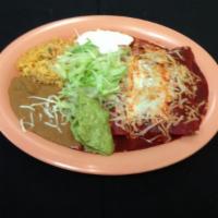 Enchilada Plate Special · 3 enchiladas with choice of meat. Includes rice, beans, guacamole, sour cream, lettuce and t...