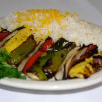 Veggie Kabob · Zucchini, yellow squash, red and green bell peppers and onion.