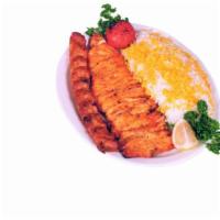 Chicken Soltani Kabob · Eat like a king. Combination of chicken barg and chicken koobideh.