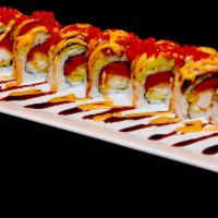 8 Piece Special Crazy Roll · Spicy tuna and shrimp tempura roll topped with avocado, tobiko and unagi.