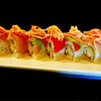 The Power · Shrimp tempura, cucumber roll, topped with hamachi, maguro, avocado, spicy crab meat & tobiko