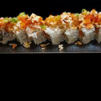 Larry the Lobster · Shrimp tempura, salmon roll, topped with lobster mix, tobiko & green onion