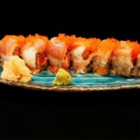 Kamikaze · Spicy tuna, asparagus roll, topped with white tuna, ponzu sauce, tobiko & green onion