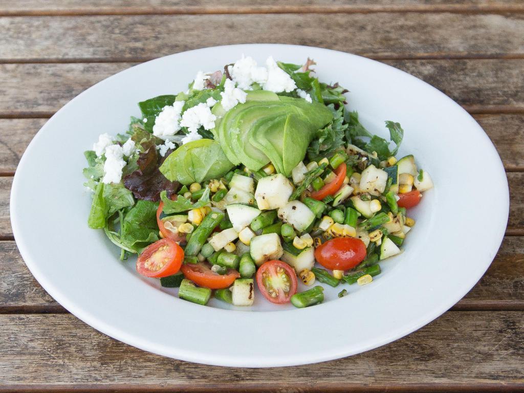 Grilled Vegetable Salad Lunch · Served with Laura Chenel goat cheese, mixed greens, asparagus, corn, zucchini, cherry tomatoes and avocado with Dijon vinaigrette.