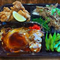Deluxe Pork Okonomiyaki Bento · Pork okonomiyaki with house special sauce and mayo, chicken karaage, stewed beef over rice, ...
