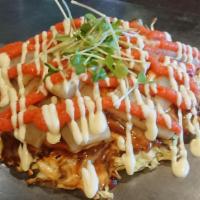 Mentai Mayo Potato Okonomiyaki · Okonomiyaki with potato and spicy cod roe topped with kaiware sprouts and mayo