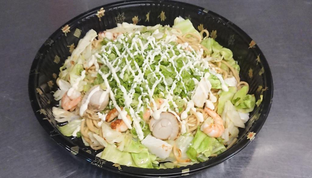 Mega Negi Mayo Seafood Shiosoba · Super-sized seafood stir fried noodles good for 2-3 people with squid, shrimp, scallops, bean sprouts and cabbage cooked in Fugetsu original salt-based sauce topped with mayo and green onions. Over 20% OFF normal price!