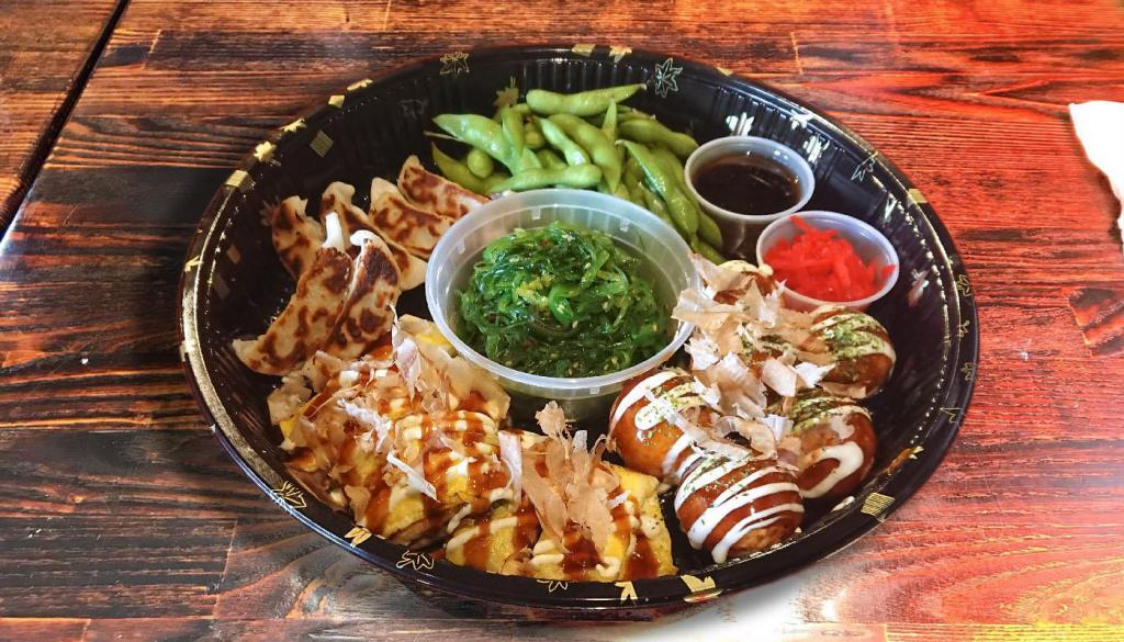 Otsumami Set · An assortment of appetizers to share. Includes tonpeiyaki, takoyaki (6 pcs), gyoza (6 pcs), edamame and seaweed salad