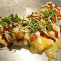 Mentai Mayo Cheese Tonpeiyaki · Signature pork omlette with cheese and shiso topped with spicy cod roe, kaiware sprouts and ...