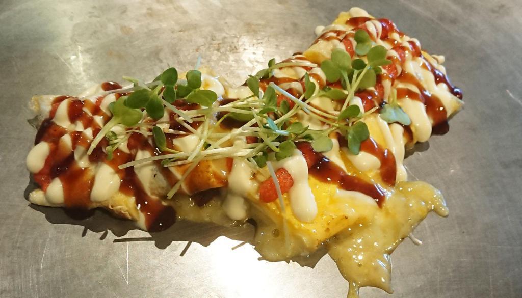 Mentai Mayo Cheese Tonpeiyaki · Signature pork omlette with cheese and shiso topped with spicy cod roe, kaiware sprouts and mayo