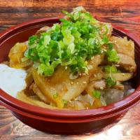 Deluxe Bowl · Ginger pork and stewed beef over rice topped with green onions, served with mayo and pickled...
