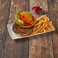 Hamburger · Served with French fries, tomato, lettuce, pickles and grilled onions.