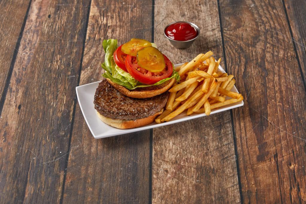 Hamburger · Served with French fries, tomato, lettuce, pickles and grilled onions.