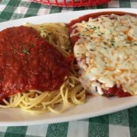 Eggplant Parmigiana Dinner · Breaded eggplant with marinara and melted mozzarella cheese with spaghetti.