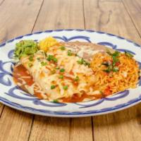 Enchiladas Rancheras · Melted jack cheese with ranchera sauce served with guacamole, refried beans and rice.