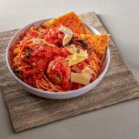 Spaghetti con Polpette Dinner · Spaghetti with meatballs in a tomato sauce.