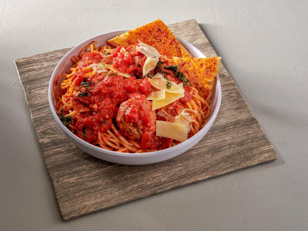 Spaghetti con Polpette Dinner · Spaghetti with meatballs in a tomato sauce.