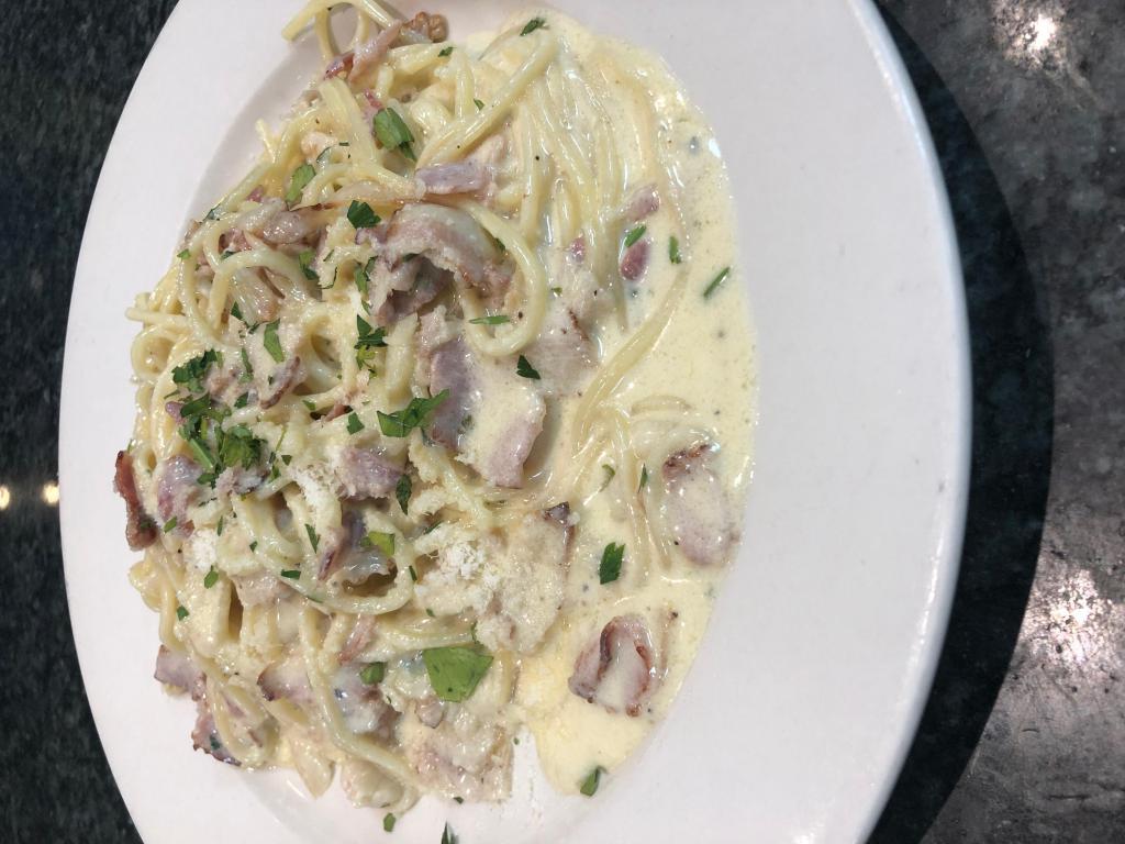 Spaghetti Carbonara Dinner · Spaghetti with Italian ground bacon in a cream and egg sauce.