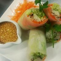 Fresh Garden Wrapped · Fresh rice paper wrapped around chicken, lettuce, carrots, rice noodles and cucumber. 